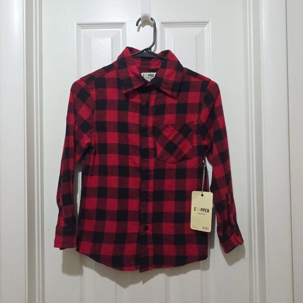Copper Denim Boys Red/Black Buffalo Plaid Flannel Button Down Shirt S (8) NWT